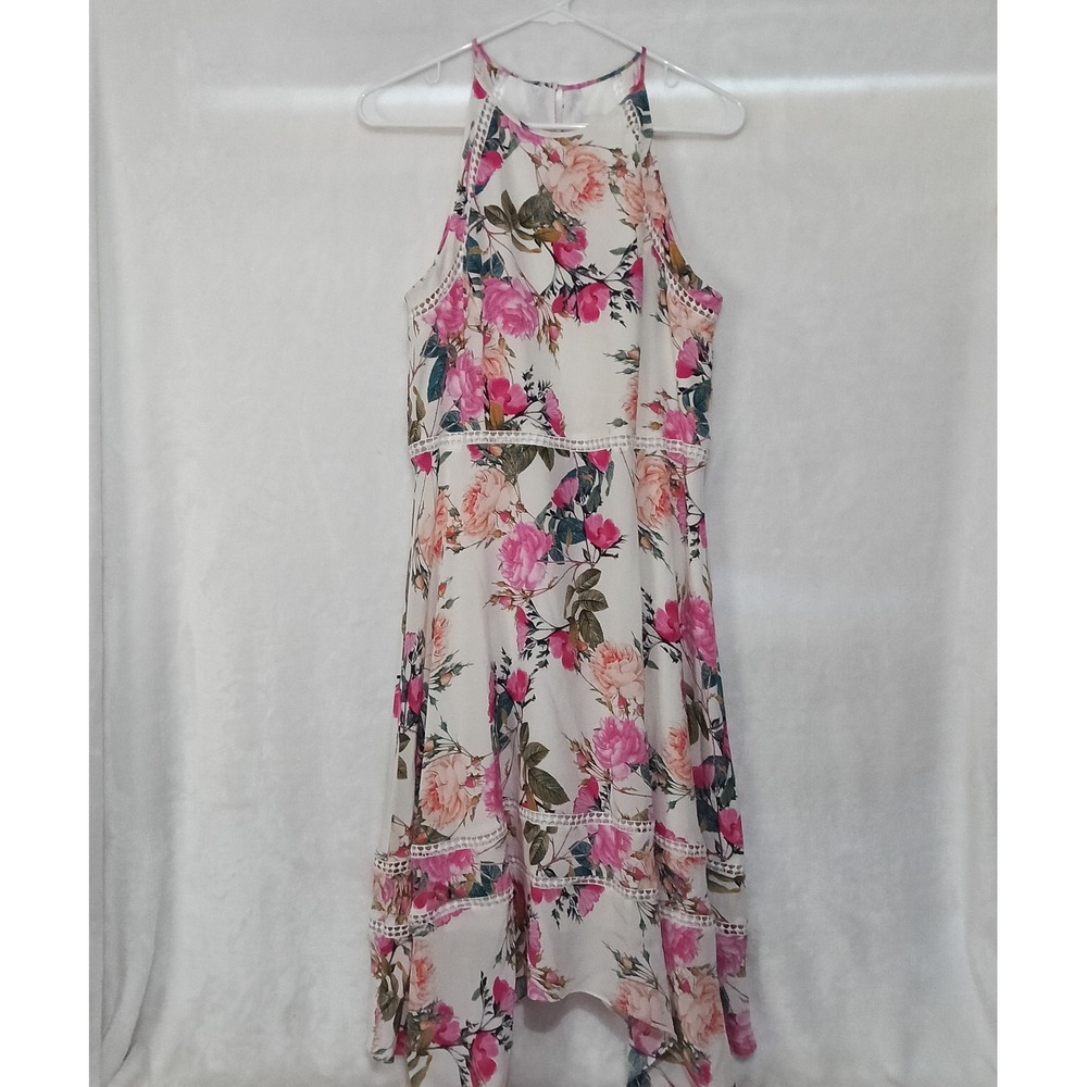 Antonio Melani Silk Floral Halter Dress Pink White Lace Trim Handkerchief Hem 10